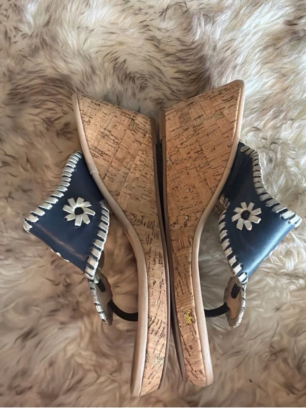 Jack Rogers Navy Blue & silver leather Wedge cork thing slip on hampton Sandals